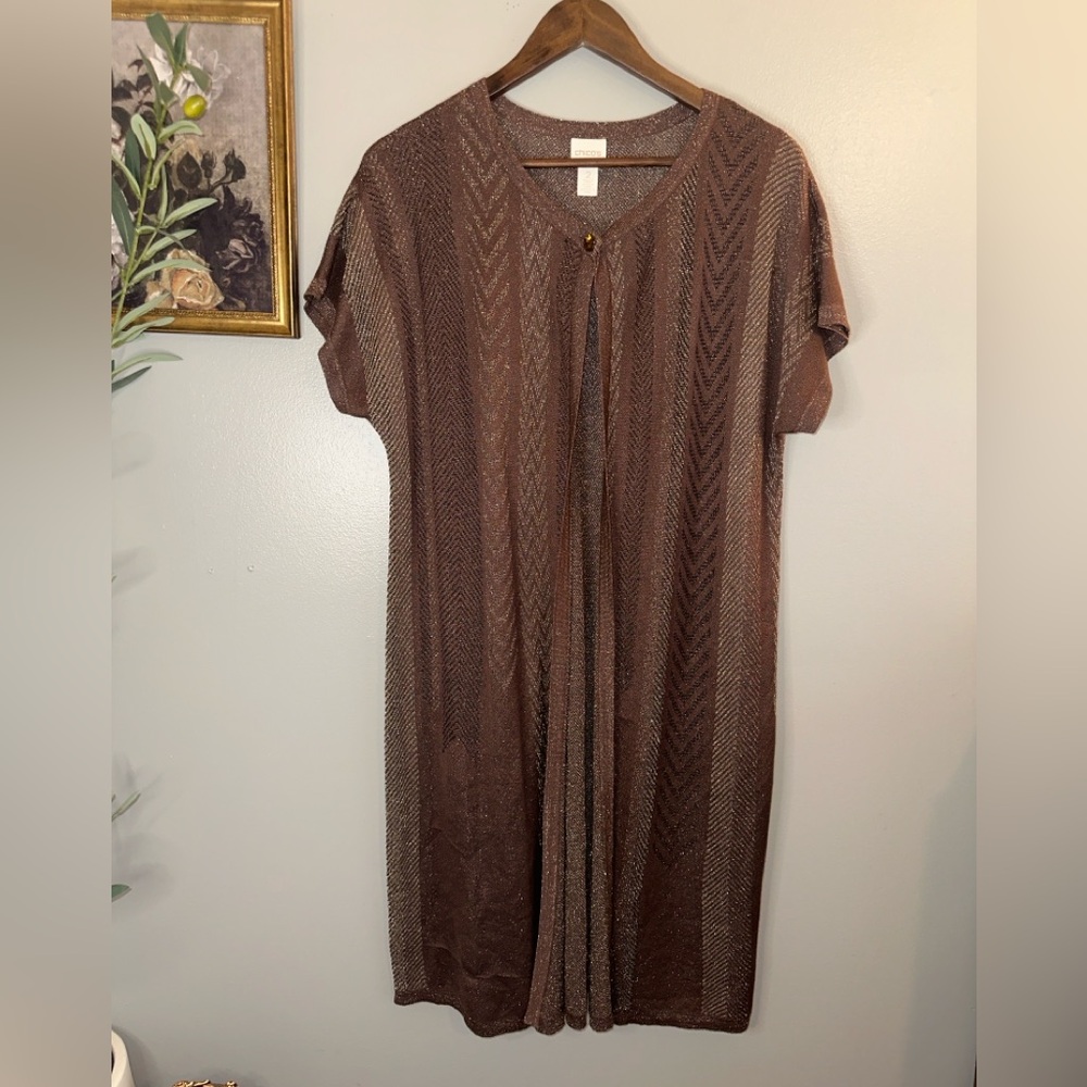 Chico’s Size 2 Brown Metallic Open Knit Long Duster Cardigan Boho Shimmer - Picture 3 of 8